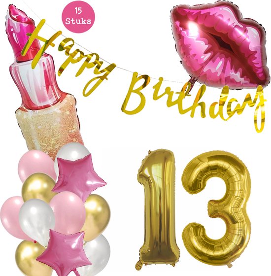 Snoes Beauty Helium Ballonnen Set 13 Jaar - Roze Folieballonnen - Slinger Happy Birthday Goud