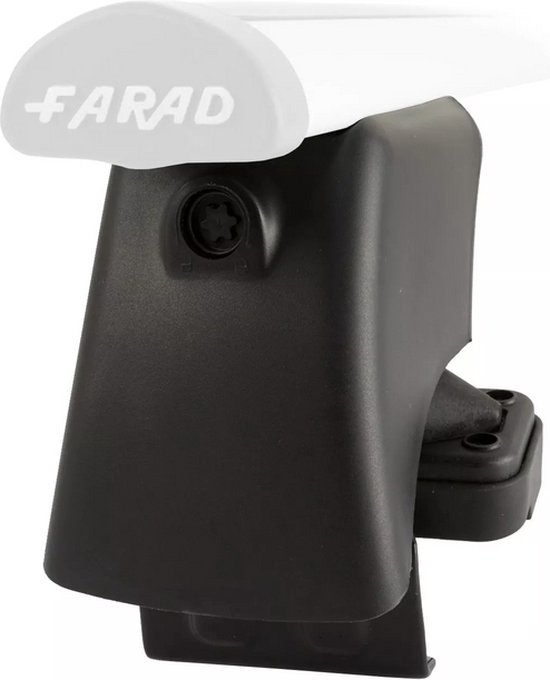 Support noir en plastique pour barre de toit avec partie supérieure grise partiellement visible et logo FARAD.