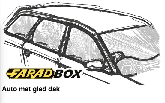 Croquis d'une voiture à toit lisse avec logo FARADBOX. Texte : Auto met glad dak.