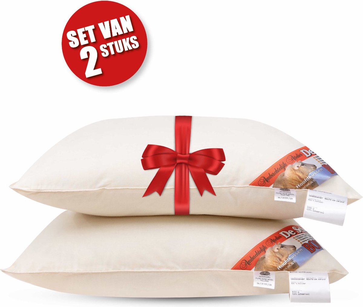 Schaperie Hoofdkussens - Set van 2 stuks - IWS gecertificeerd wol - Stevig - 1000g - 60x70cm