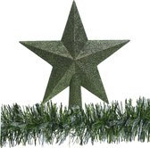 Decoris kerstboom piek - ster - donkergroen -19 cm - met kerstslinger -kunststof