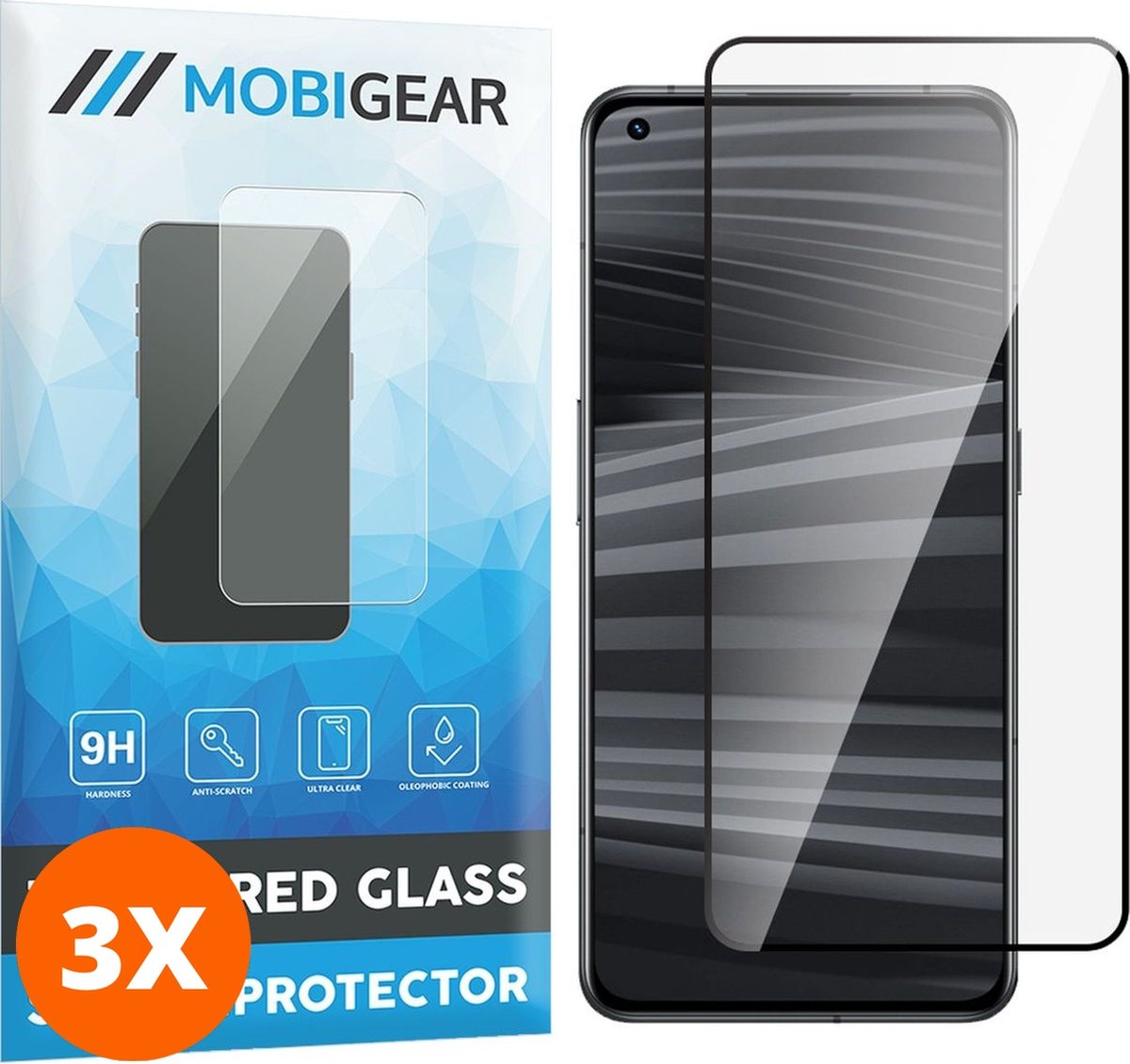 Mobigear Screenprotector geschikt voor Realme GT2 Glazen | Mobigear Premium Screenprotector - Case Friendly - Zwart (3-Pack)