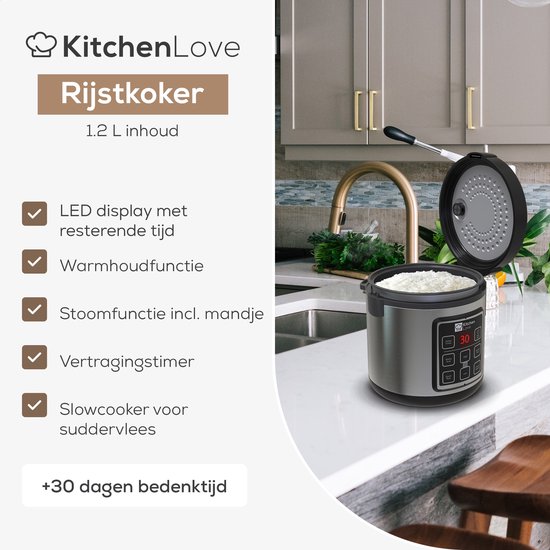 KitchenLove Rijstkoker met Stomer - 1.2L - Multicooker - Rice Cooker - Slowcooker - Zwart RVS - KitchenLove