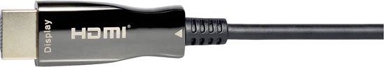 Zwarte HDMI-kabel met één gouden connector gemarkeerd als 'Display'