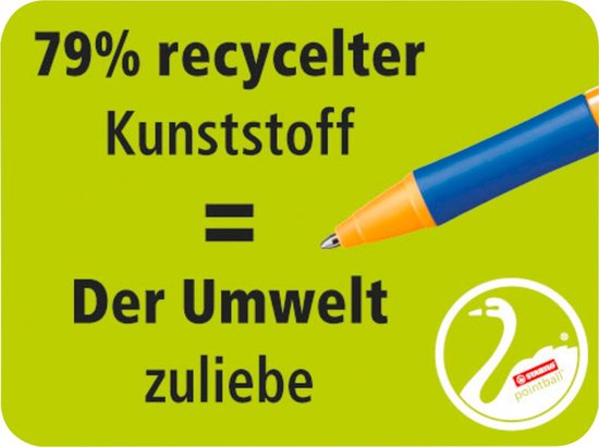 Tekst in het Duits met een afbeelding van een blauwe en oranje penpunt. '79% gerecycled plastic = voor het milieu'.