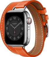 Strap-it Double Tour leren bandje - Geschikt voor Apple Watch - Series 1/2/3/4/5/6/7/8/9/SE/Ultra - Oranje - Luxe bandje leer voor iWatch maat 42 mm 44 mm 45 mm 49 mm