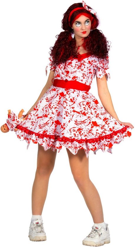 Wilbers & Wilbers - Living Dead Dolls Kostuum - Bloody Doll Angelina - Vrouw - Rood, Wit / Beige - Maat 40 - Halloween - Verkleedkleding