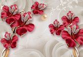 Fotobehang - Vinyl Behang - Rode Bloemen met Diamenten - Kunst - 312 x 219 cm