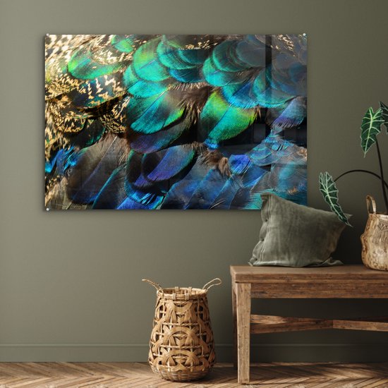 Glasschilderij - Foto op glas - Schilderij glas - Slaapkamer - Woondecoratie - Veren - Pauwveren - Pauw - Blauw - Kunst - Muurdecoratie - Woonkamer decoratie - 120x80 cm - Glasplaat