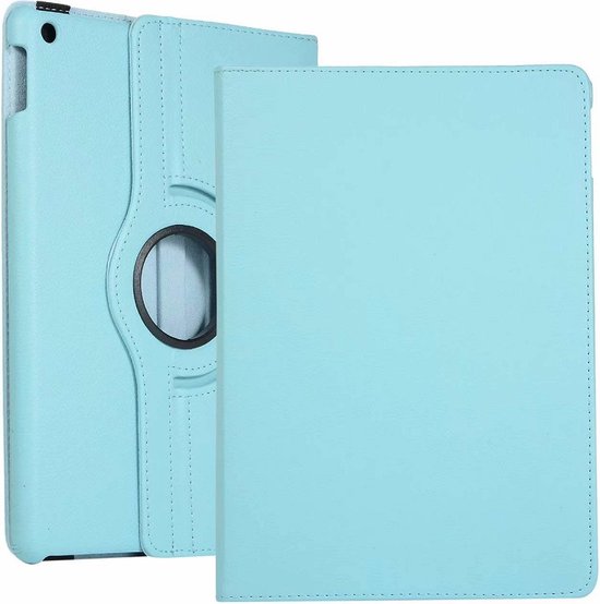 Étui de tablette turquoise style portefeuille, avec rotation à 360 degrés et fonction support.