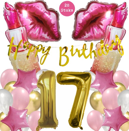 Verjaardagsdecoratie voor de 17e verjaardag voor jongens en meisjes, zwarte en gouden ballonnen