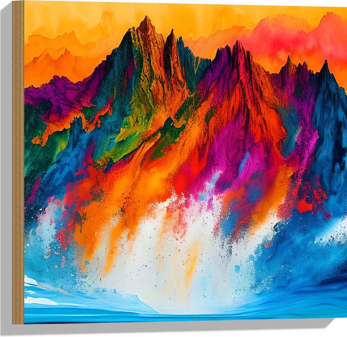 Hout - Waterverf Tekening van Kleurrijke Bergen onder Oranje Lucht - 50x50 cm - 9 mm dik - Foto op Hout (Met Ophangsysteem)
