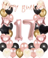 Snoes Ballonnen 17 Jaar Set Mega Rose Black Zwart Ballonen set - Compleet Feestpakket Cijferballon 17 Jaar - Verjaardag Versiering Slinger Happy Birthday – Folieballon – Latex Ballonnen - Helium Ballonnen