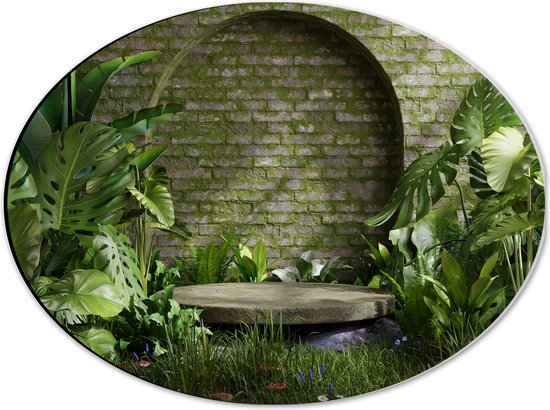 Dibond Ovaal - Tuin met Groene Planten - 40x30 cm Foto op Ovaal (Met Ophangsysteem)
