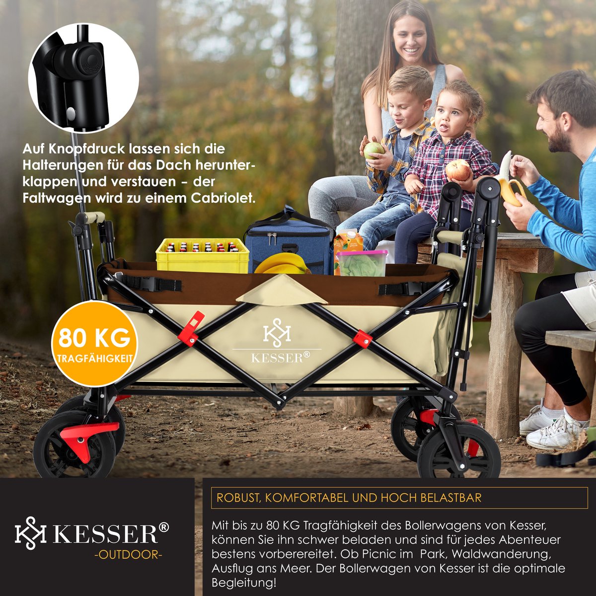 KESSER Bolderkar, opvouwbaar, GTS-9100, met dak, handwagen, transportwagen, inklapbaar, belastbaar tot 150 kg, met harde rubberen wielen en parkeerremmen voor/achter, incl. slot, afdekking, weer en