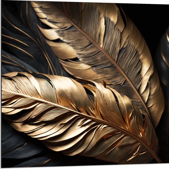 Dibond - Zwarte en Gouden Palmbladeren - 80x80 cm Foto op Aluminium (Met Ophangsysteem)
