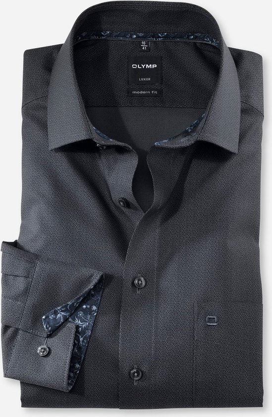 OLYMP Luxor modern fit overhemd - mouwlengte 7 - zwart dessin (contrast) - Strijkvrij - Boordmaat: 39