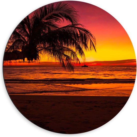 Dibond Muurcirkel - Silhouet van Palmboom Hangend over het Strand tijdens Rozekleurige Zonsondergang - 60x60 cm Foto op Aluminium Muurcirkel (met ophangsysteem)