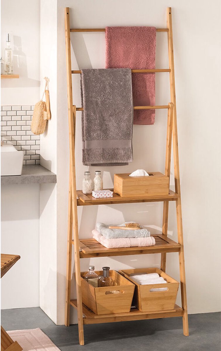 Porte serviette salle de bain en bambou sur pied avec panier à