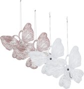 Kersthangers vlinders - 4x st - transparant met roze en wit - 15 cm - kunststof