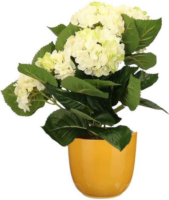 Hortensia kunstplant/kunstbloemen 36 cm - wit/groen - in pot okergeel glans - Kunst kamerplant