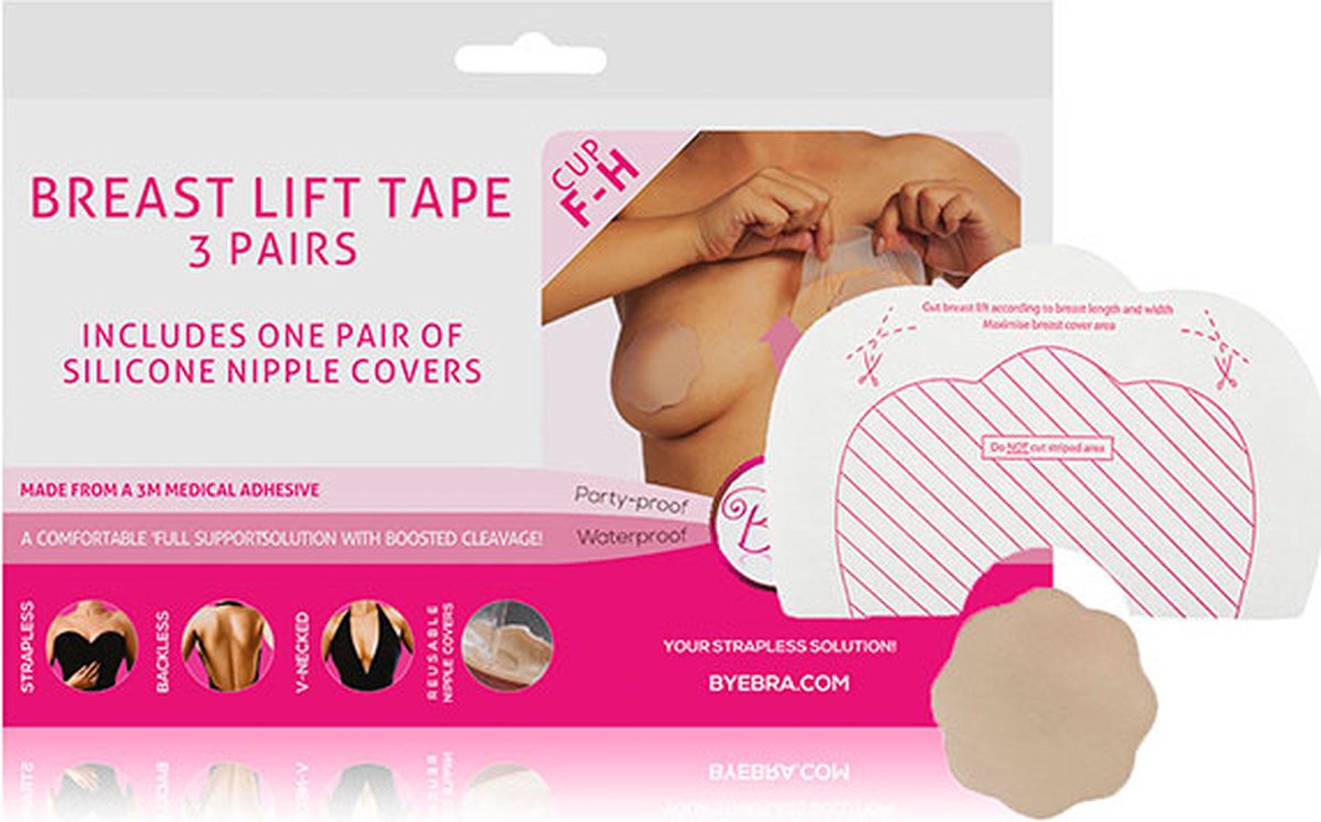 Bye Bra zelfklevende borstlift tape, onzichtbaar, push-up, F-H, beige siliconen tepelcovers (F-H)