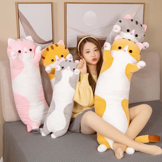 Lange Pluche Kussen Kat - Extra Zachte Knuffelkat - 4 Kleuren & 6 Maten (50-150cm) - Ideaal Slaap- of Cadeaukussen voor Kinderen(Grijs,90cm