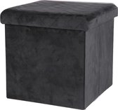 Urban Living Poef/hocker - opbergbox zit krukje - velvet zwart - polyester/mdf - 38 x 38 cm - opvouwbaar