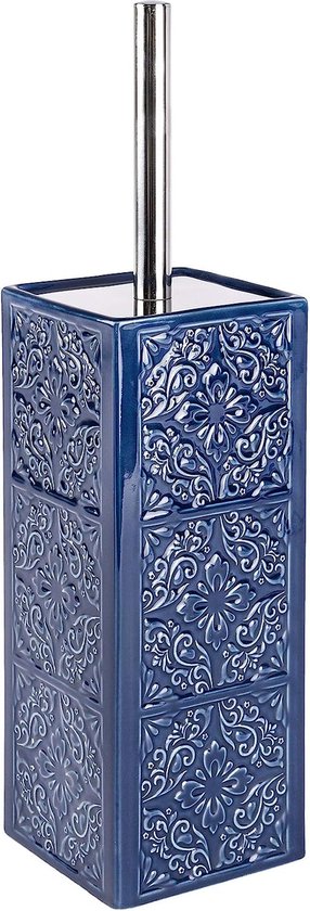 WC-garnituur Cordoba, hoogwaardige toiletborstelhouder van luxe keramiek met Spaanse ornamenten, inclusief toiletborstel met verwisselbare borstelkop, 35 x 9,5 x 9,5 cm, blauw