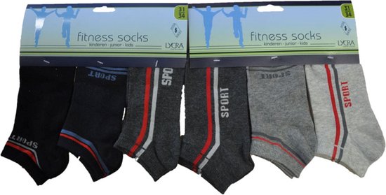 Jongens enkelkousen fitness fantasie sport - 6 paar gekleurde sneaker sokken - maat 31/34