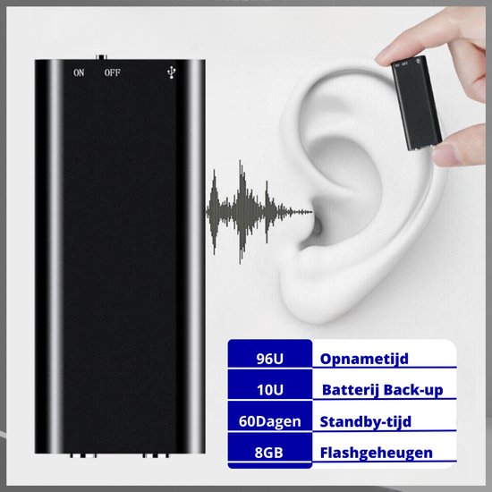 Zwarte dictafoon wordt in een oor geplaatst, met opnametijd van 96U en 8GB flashgeheugen.