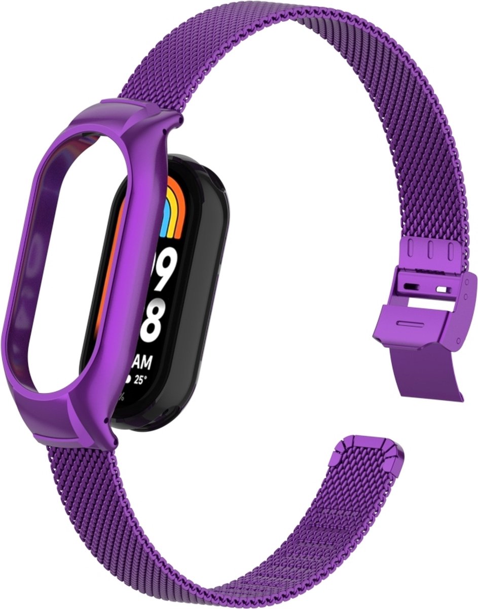 By Qubix - Milanese bandje met case - Paars - Geschikt voor Xiaomi Smart Band 8 / 9 / 10