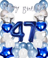 Snoes Ballonnen 47 Jaar Set Mega Blauw Zilver Ballon - Compleet Feestpakket Cijferballon 47 Jaar - Verjaardag Versiering Slinger Happy Birthday – Folieballon – Latex Ballonnen - Helium Ballonnen