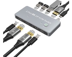 NÖRDIC Displayport KVM Switch - 2 PC's naar 1 Monitor - USB-C, Displayport, USB2.0 - 8K60Hz - Grijs