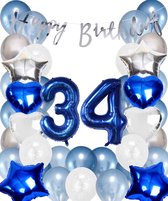 Snoes Ballonnen 34 Jaar Set Mega Blauw Zilver Ballon - Compleet Feestpakket Cijferballon 34 Jaar - Verjaardag Versiering Slinger Happy Birthday – Folieballon – Latex Ballonnen - Helium Ballonnen