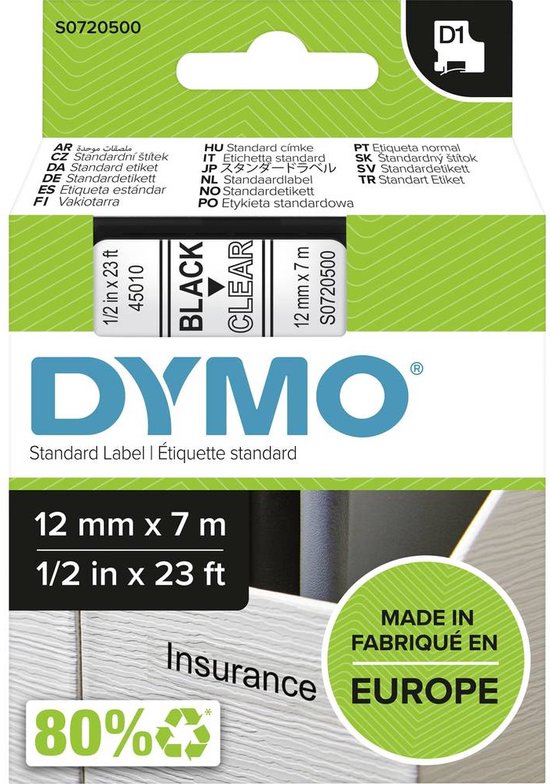 DYMO originele D1 labels | Zwarte Tekst op Doorzichtig Label | 12 mm x 7 m | zelfklevende etiketten voor de LabelManager labelprinter | gemaakt in Europa