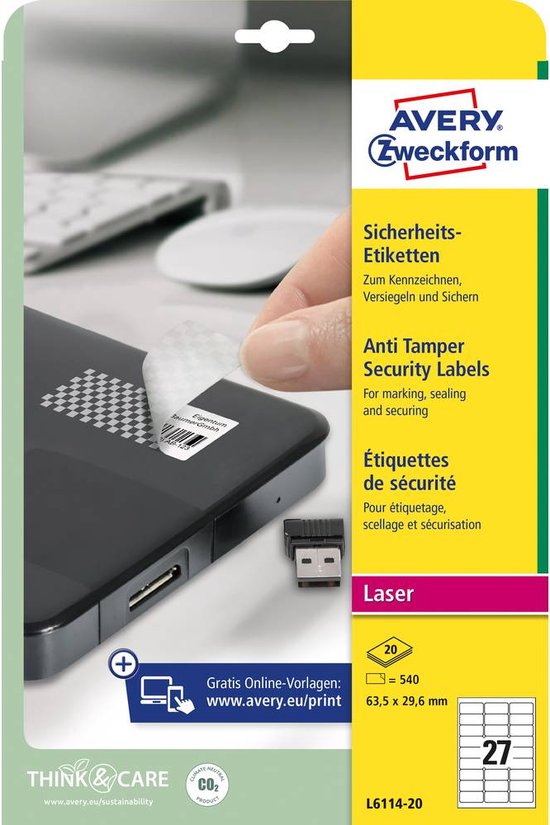 Avery Zweckform Zaščitne Anti Tamper Etikete L6114-20, 63.5 X 29.6 Mm, 540 Etiket/zavitek, A4, Za Tiskanje - View #6