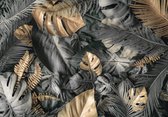 Fotobehang - Vlies Behang - Grijs en Gouden Bladeren - Jungle - Botanisch - 206 x 275 cm