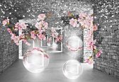 Fotobehang - Vlies Behang - Stenen 3D Tunnel met Bloemen - 368 x 280 cm