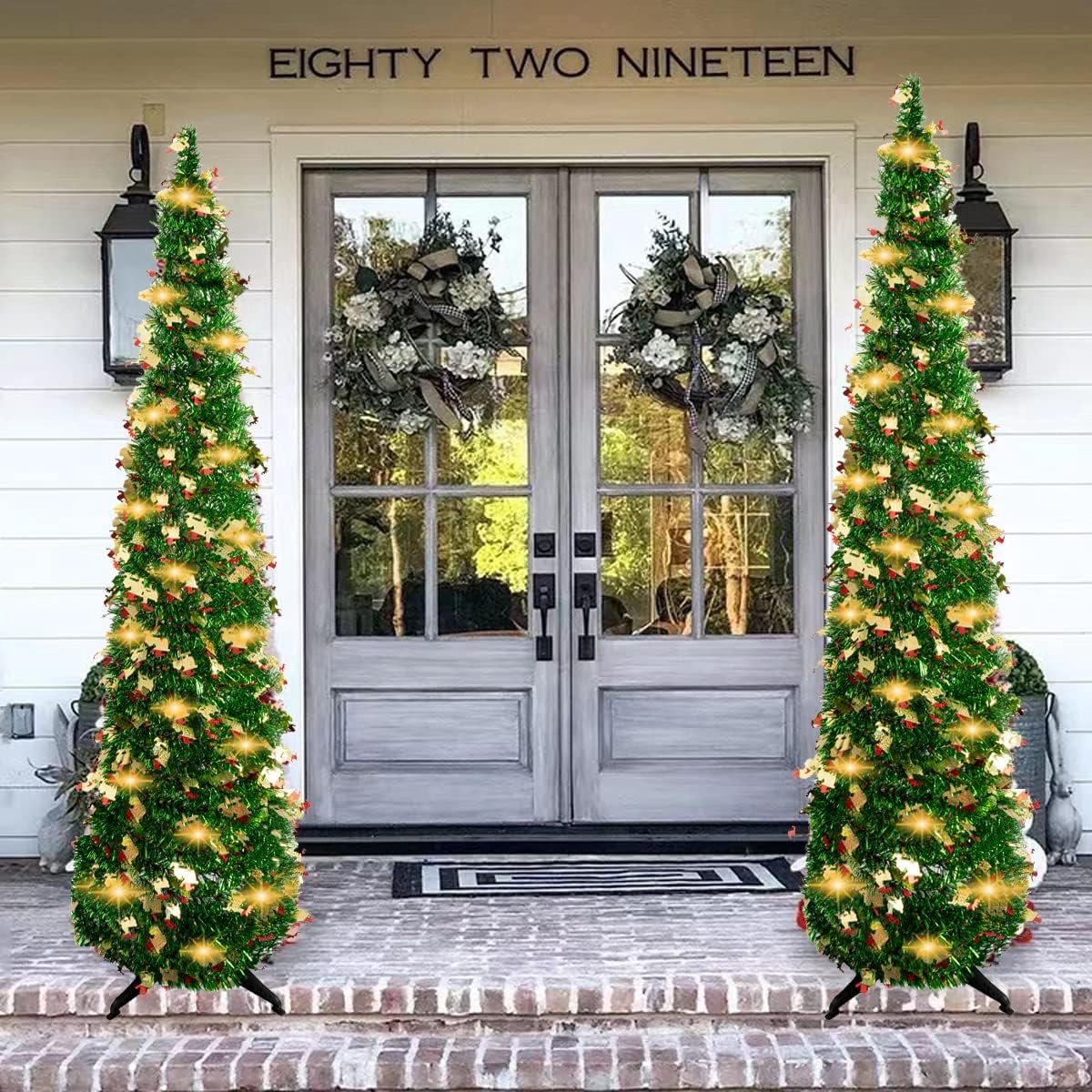 Kunstkerstboom, 150 cm, opvouwbare pop-up lametta kerstboom, voorverlichte kerstdecoratie voor binnen, woondecoratie, donkergroen – foto 3