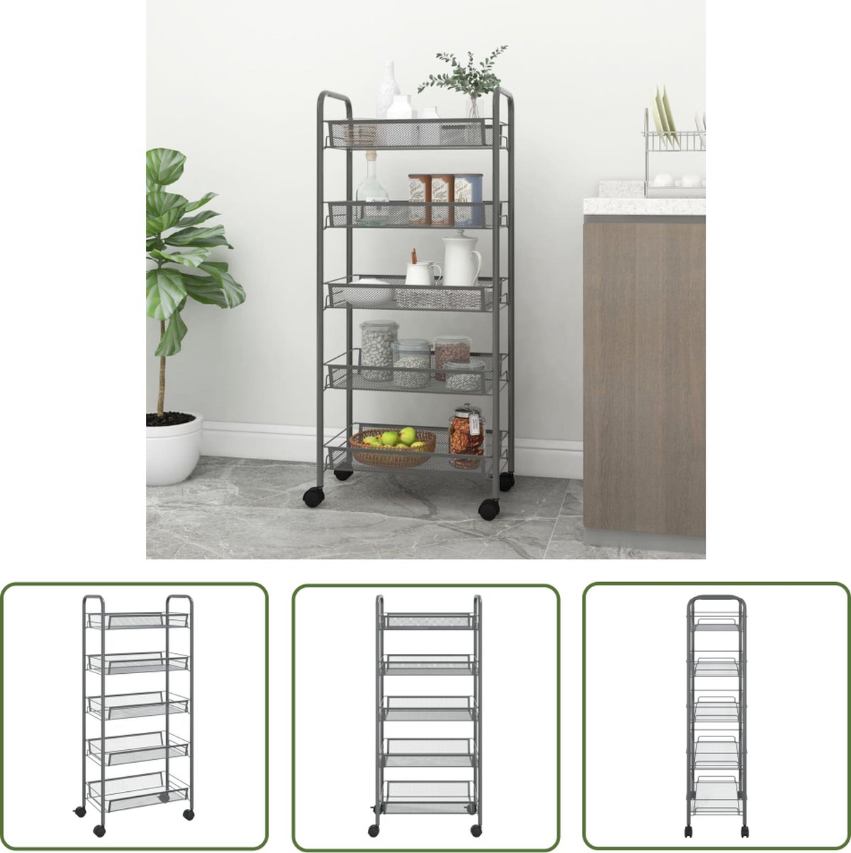 The Living Store Huishoudelijke Trolley - Grijs - 46 x 26 x 105 cm - Sterke Gaasmanden