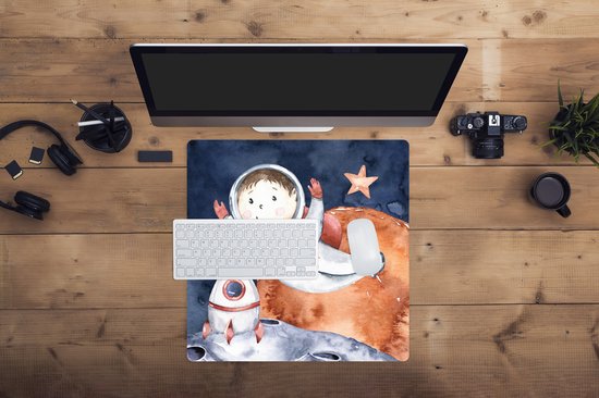 Muismat XXL 50x50 cm - Bureau onderlegger - Bureau mat Ruimte - Maan - Raket - Jongens - Meiden - Kinderen - Bureaumat - Gaming mousepad xl - Bureaulegger groot - Computer deskmat