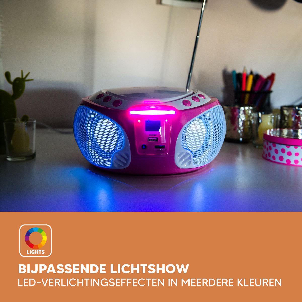 Lenco SCD-550 - CD-speler voor kinderen - CD-radio - stereo-installatie - boombox - MP3 en USB-speler - Bluetooth - 2 x 2 W RMS-vermogen - feestverlichting - zilver : Lenco