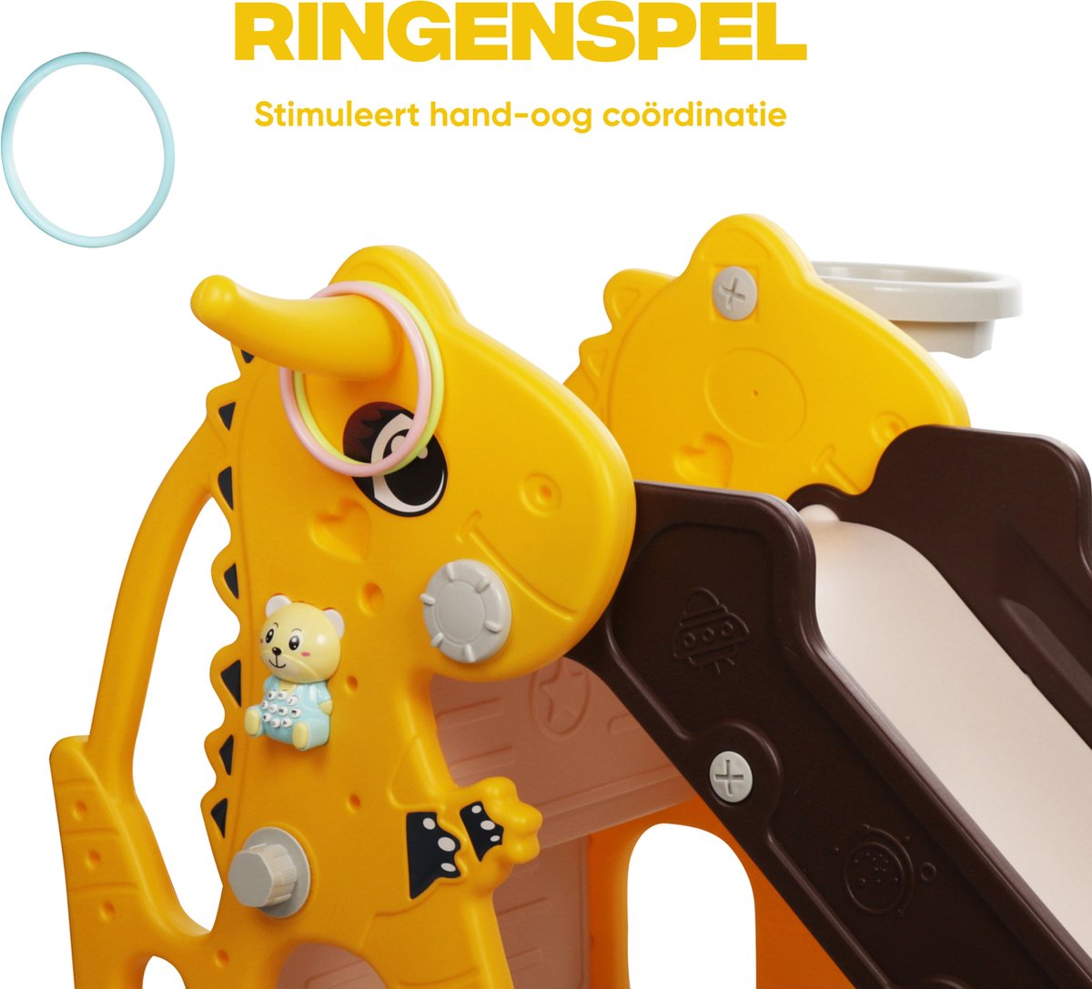 Rockerz Premium Glijbaan - Voor binnen en buiten - Speelplezier gegarandeerd - Opvouwbaar - Veilige dichte trap - Ringen spel - Basketbal ring (inclusief bal) - Muziek beertje - Kleur: Geel — afbeelding 13