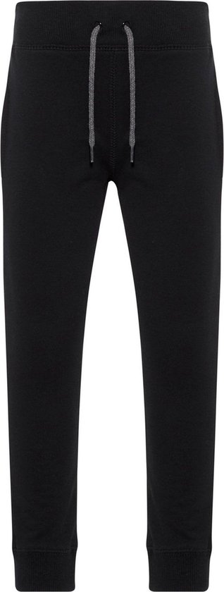 Zwarte joggingbroek met grijze trekkerkoord, steekzakken en elastische manchetten.