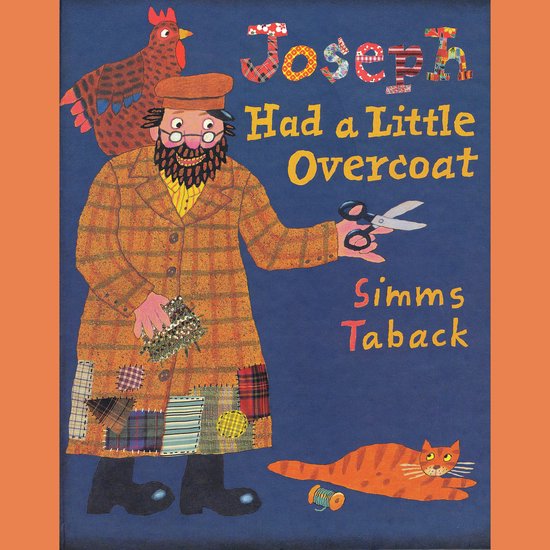 Livre 'Joseph Had a Little Overcoat' illustrant Joseph portant un manteau de patchwork, des ciseaux et un chat.