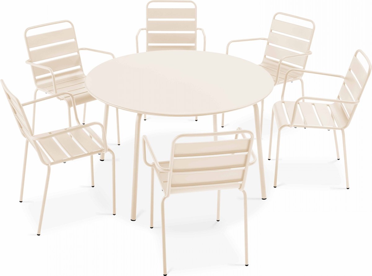 Oviala Set van een ronde tuin tafel en 6 ivoorkleurige stalen fauteuils Palavas