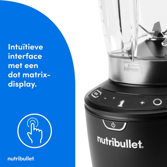 Close-up van het bedieningspaneel van de zwarte Nutribullet blender met dot matrix display.