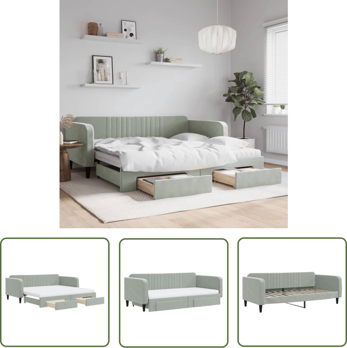 The Living Store Slaapbank met Onderschuifbed - 223 x 110 x 75 cm - Lichtgrijs