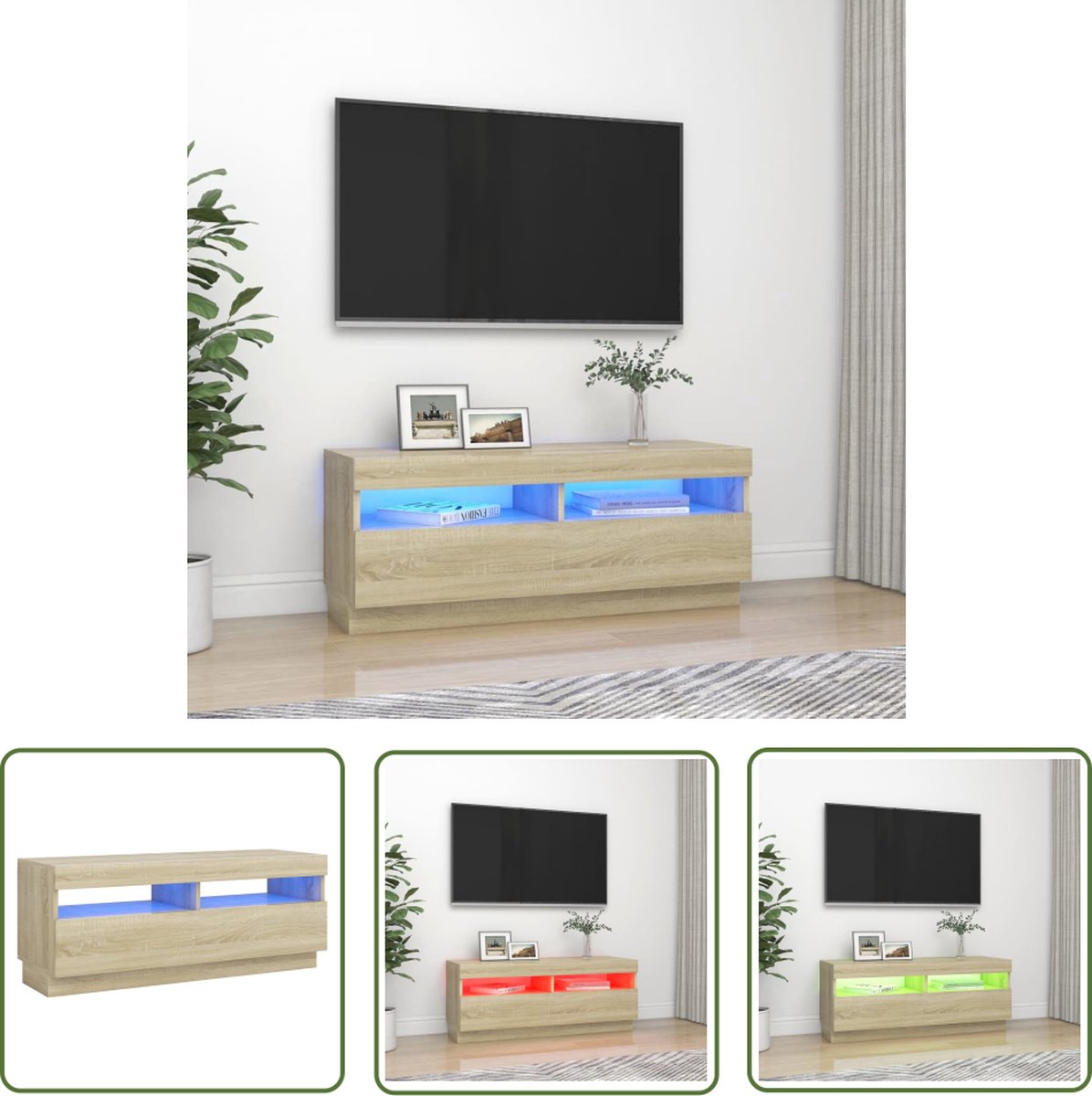 vidaXL Houten Tv-meubel - Tv-meubel - Tv-meubel met LED-verlichting 100x35x40 cm sonoma eikenkleurig - Led Tv-meubel - Tv-stand - Salontafel